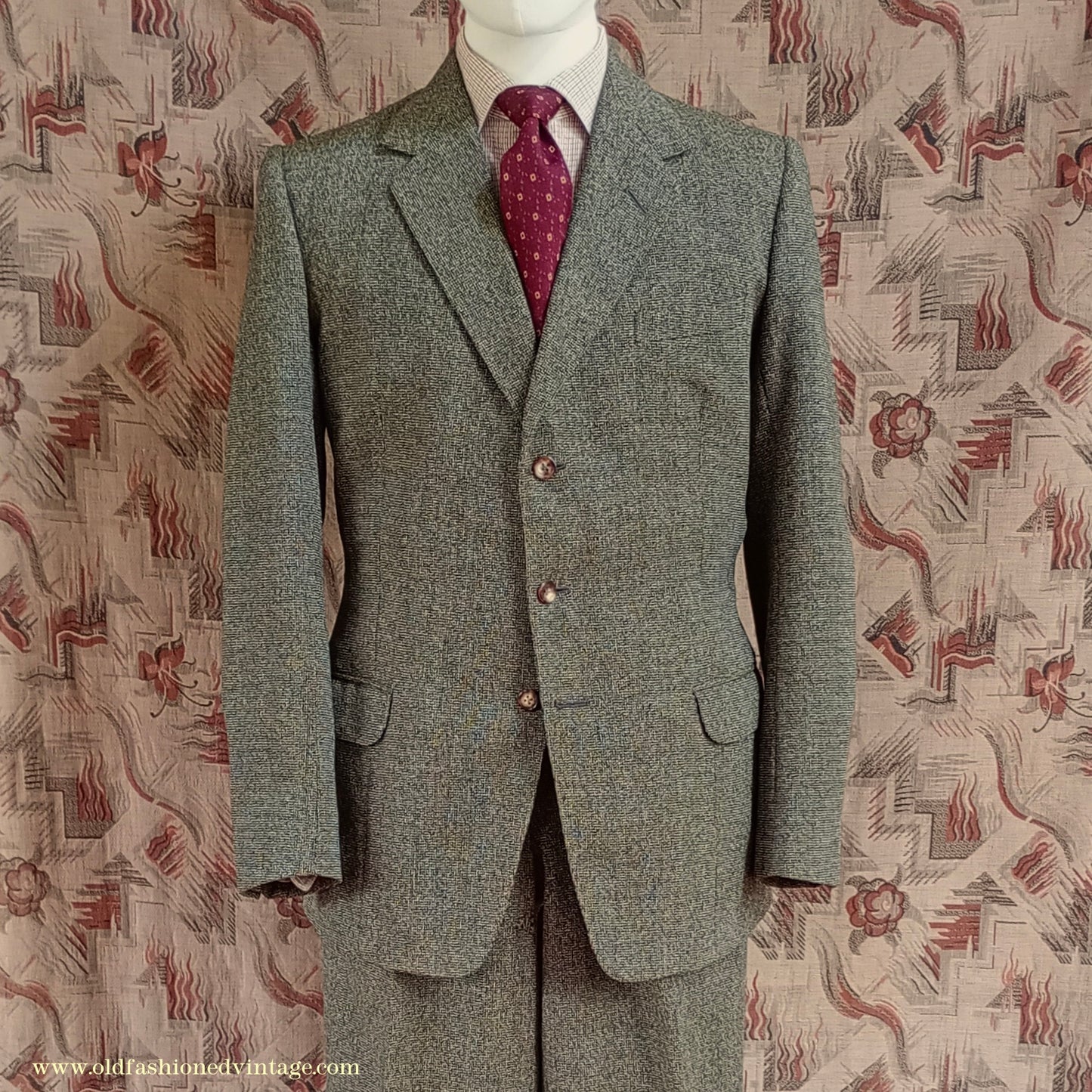 Vintage Mens Early 1960s London Bespoke Tailored Tweed Suit Olive Green Wool 2 Piece 38" Long