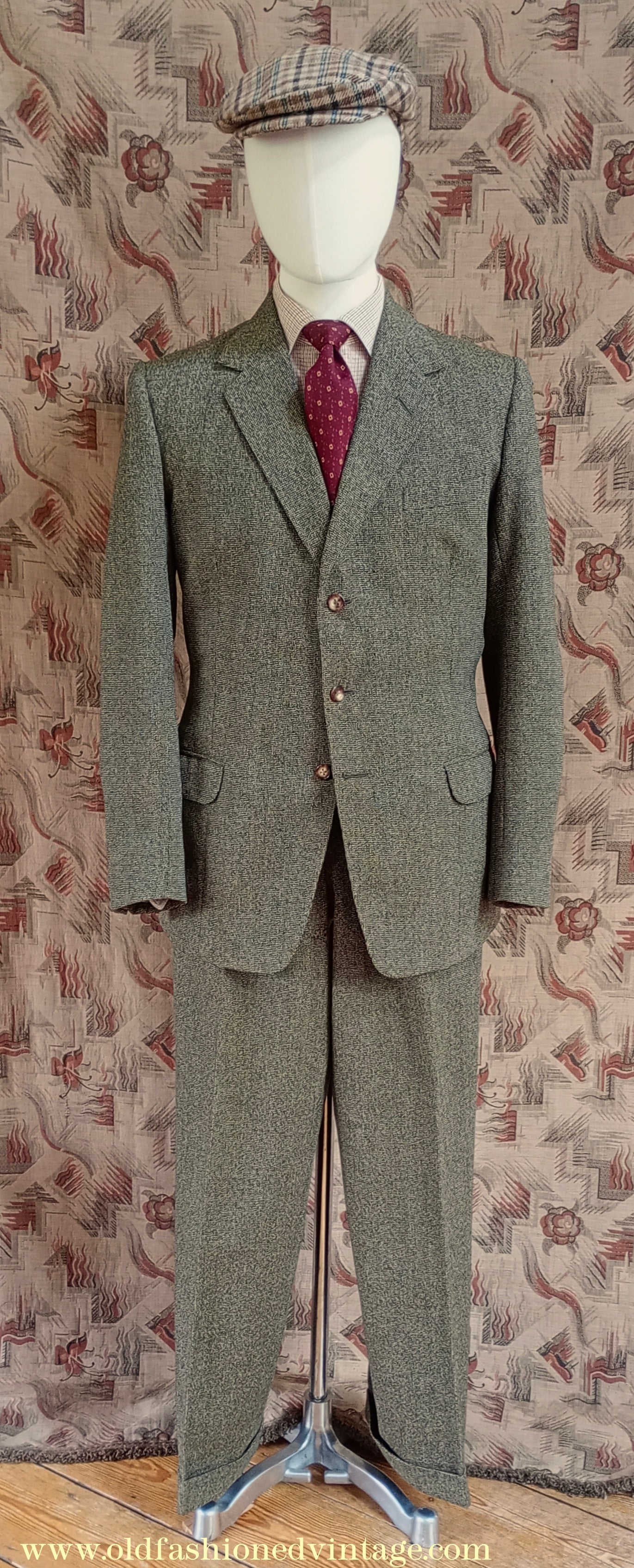 Vintage Mens Early 1960s London Bespoke Tailored Tweed Suit Olive Green Wool 2 Piece 38" Long
