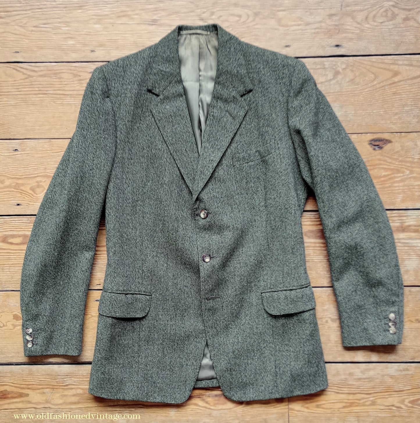 Vintage Mens Early 1960s London Bespoke Tailored Tweed Suit Olive Green Wool 2 Piece 38" Long