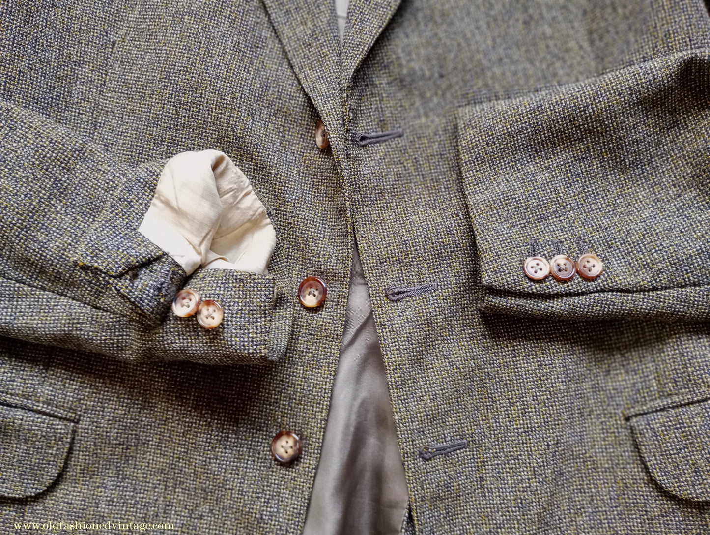 Vintage Mens Early 1960s London Bespoke Tailored Tweed Suit Olive Green Wool 2 Piece 38" Long