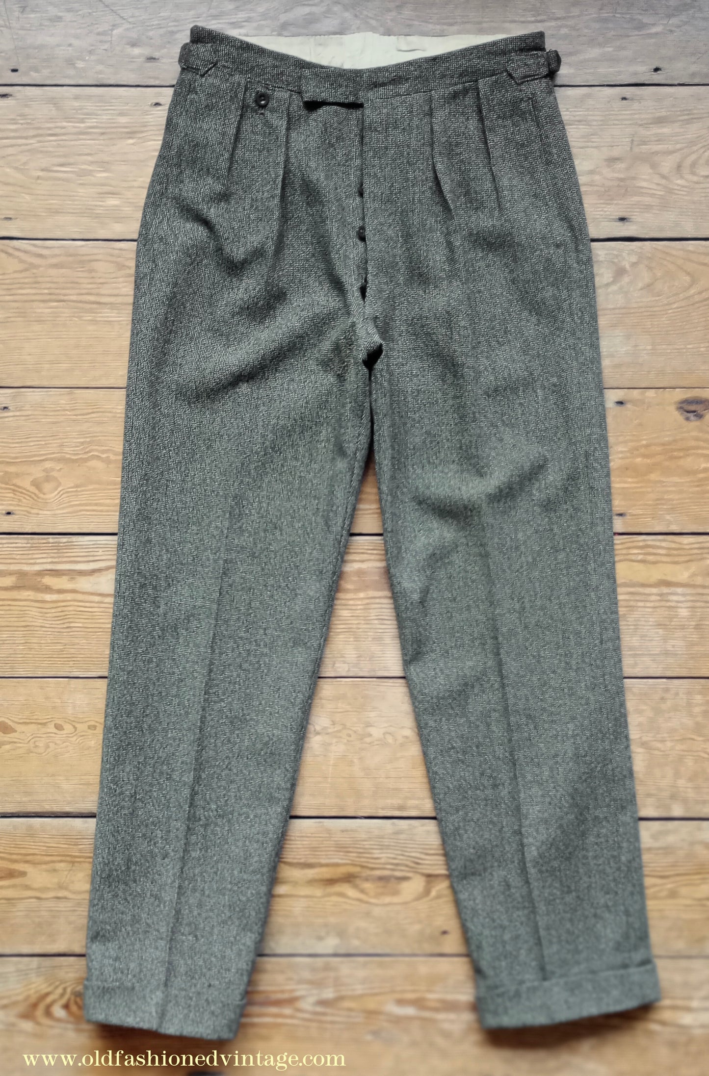 Vintage Mens Early 1960s London Bespoke Tailored Tweed Suit Olive Green Wool 2 Piece 38" Long
