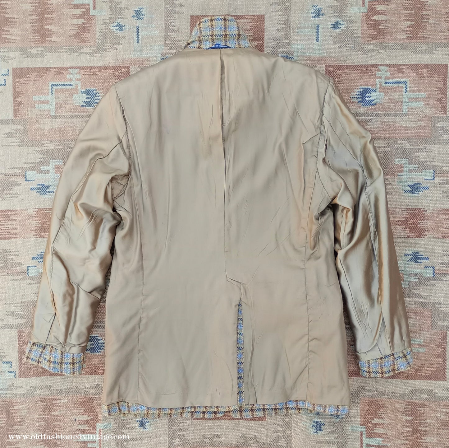 Vintage Mens 1970s Edwardian Style Bespoke Norfolk Tweed Country Belted Jacket Brown Checked Plaid Wool 40" Long