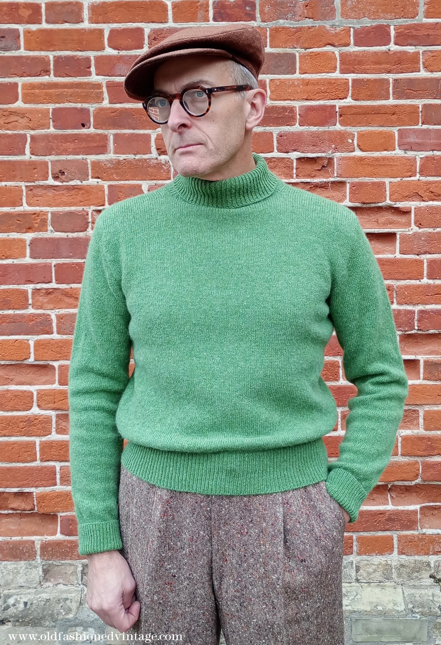 Old Fashioned Garments Vintage Reproduction 1930s 1940s Mens Roll Neck Jumper Green Shetland Wool Polo Turtle Sweater Medium