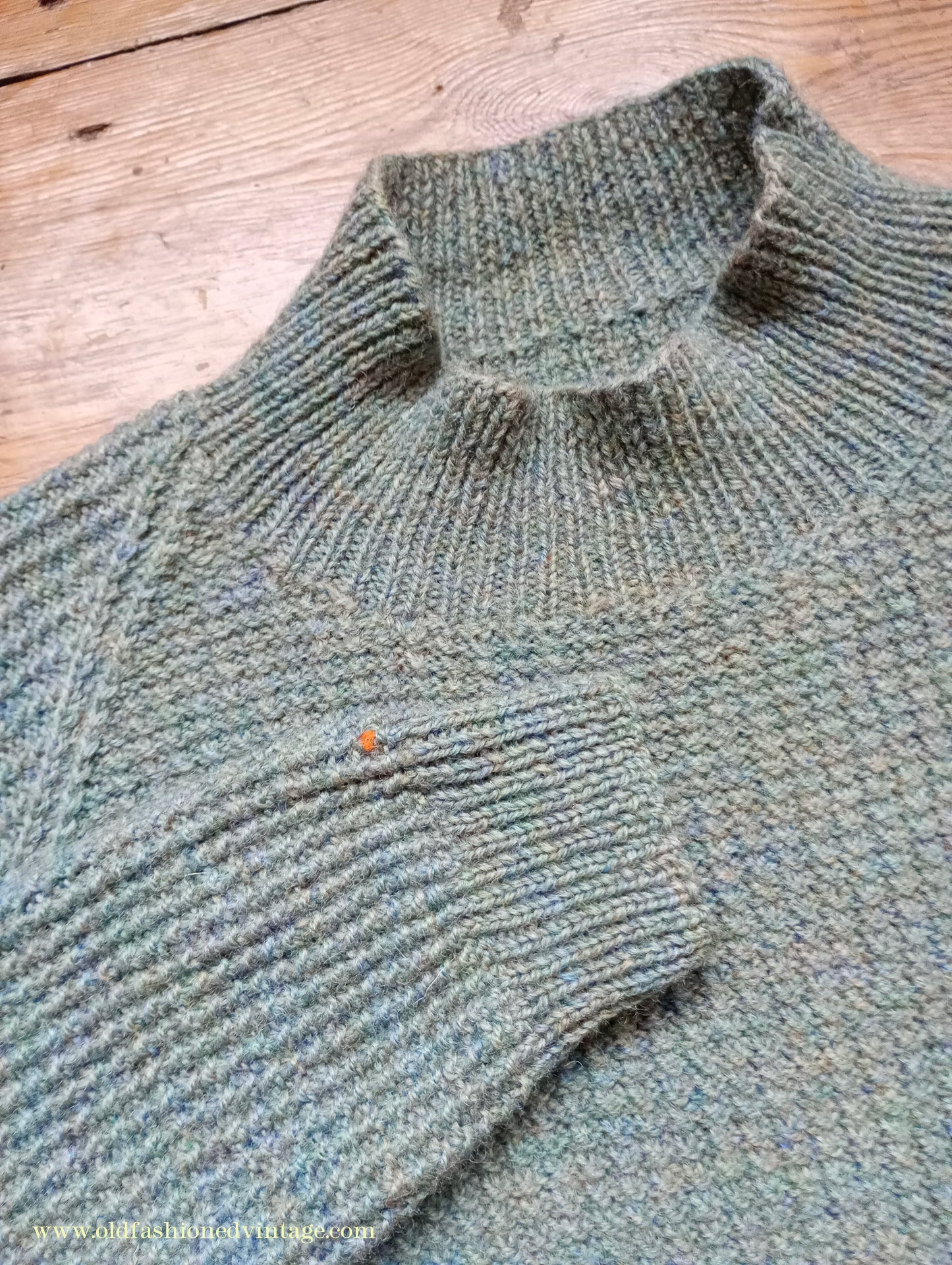 Vintage Mens 1950s Hand Knitted Jumper Turtle Neck Knit Sweater Marled Lovat Green L XL
