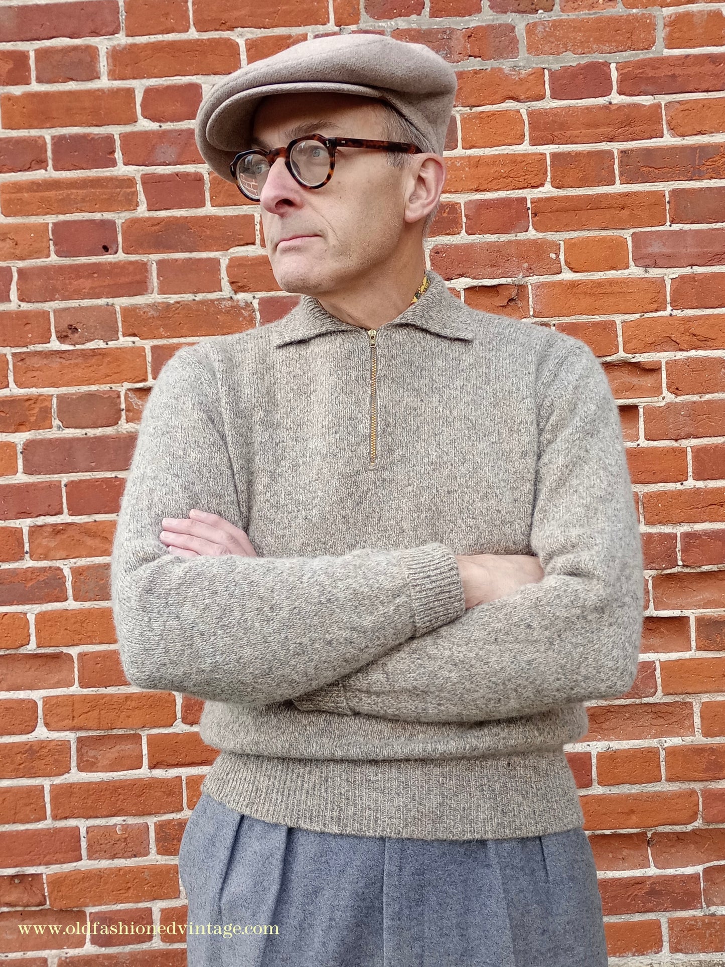 Old Fashioned Garments Vintage Reproduction 1940s Mens Zip Neck Jumper Polo Collar Beige Shetland Wool Sweater Lumberjacket Medium