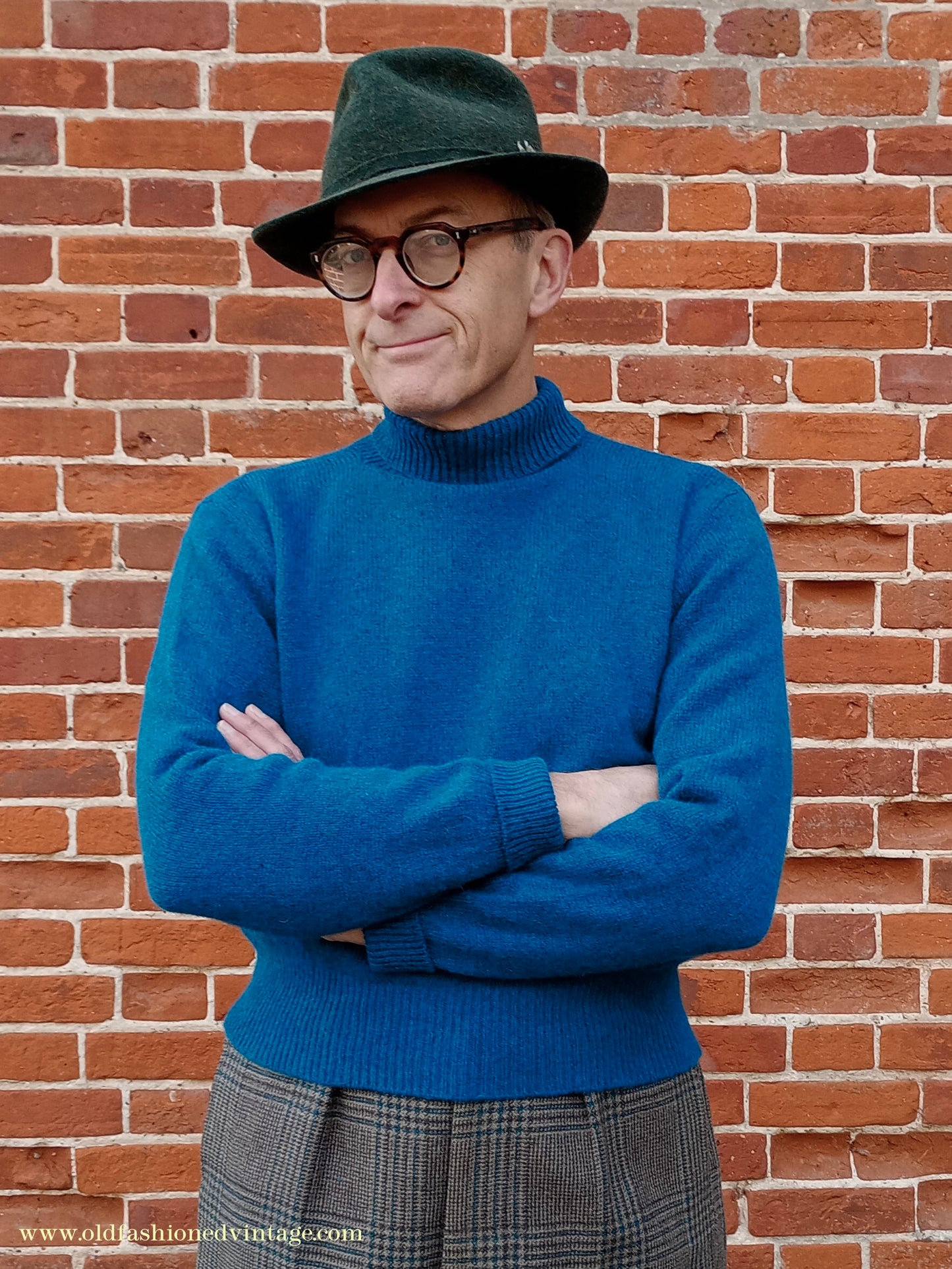 Old Fashioned Garments Vintage Reproduction 1930s 1940s Mens Roll Neck Jumper Petrol Blue Green Shetland Wool Polo Turtle Sweater M L