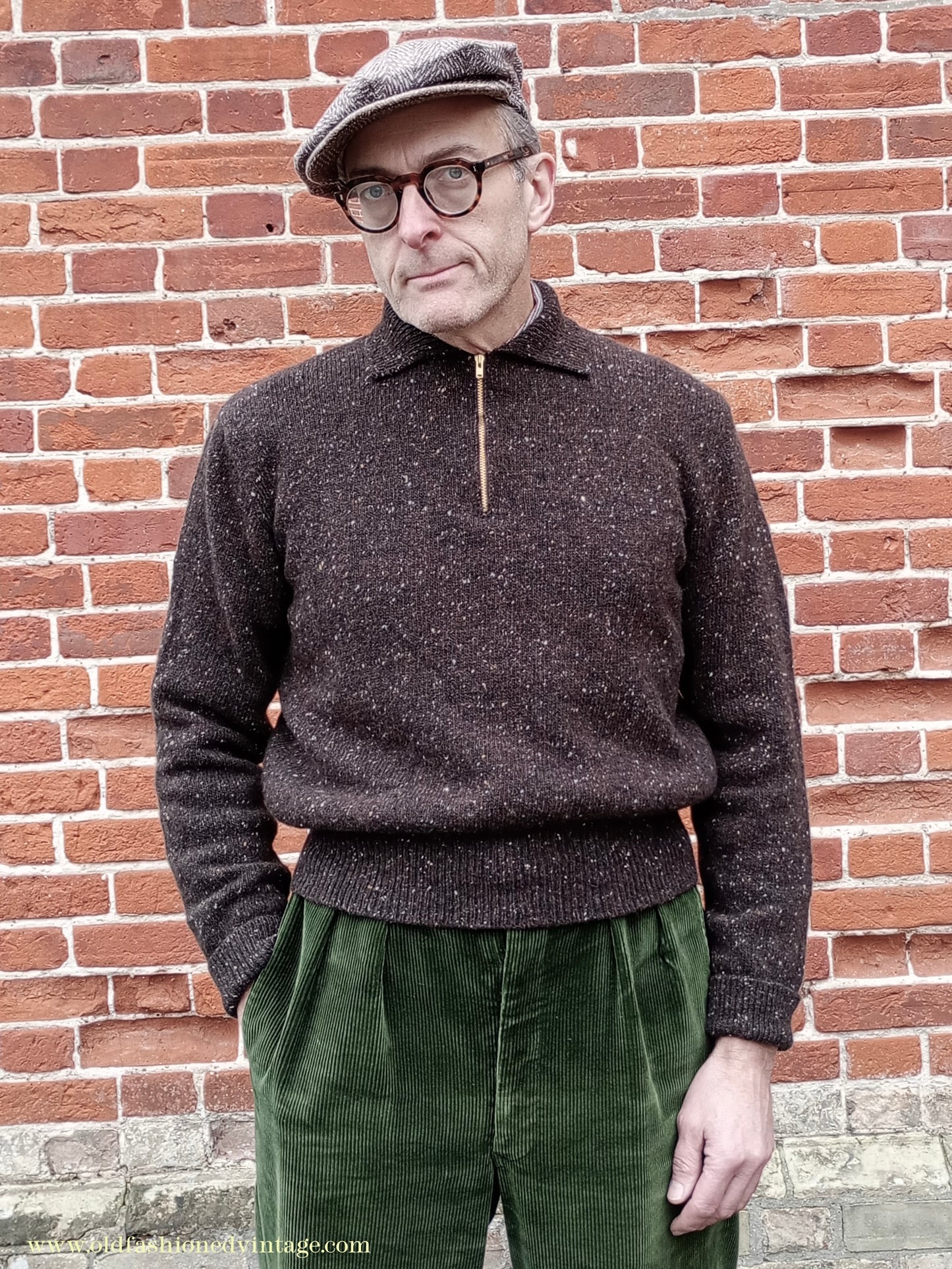 Old Fashioned Garments Vintage Reproduction 1940s Mens Zip Neck Jumper Flecked Brown Marl Polo Collar Sweater Lumberjacket L