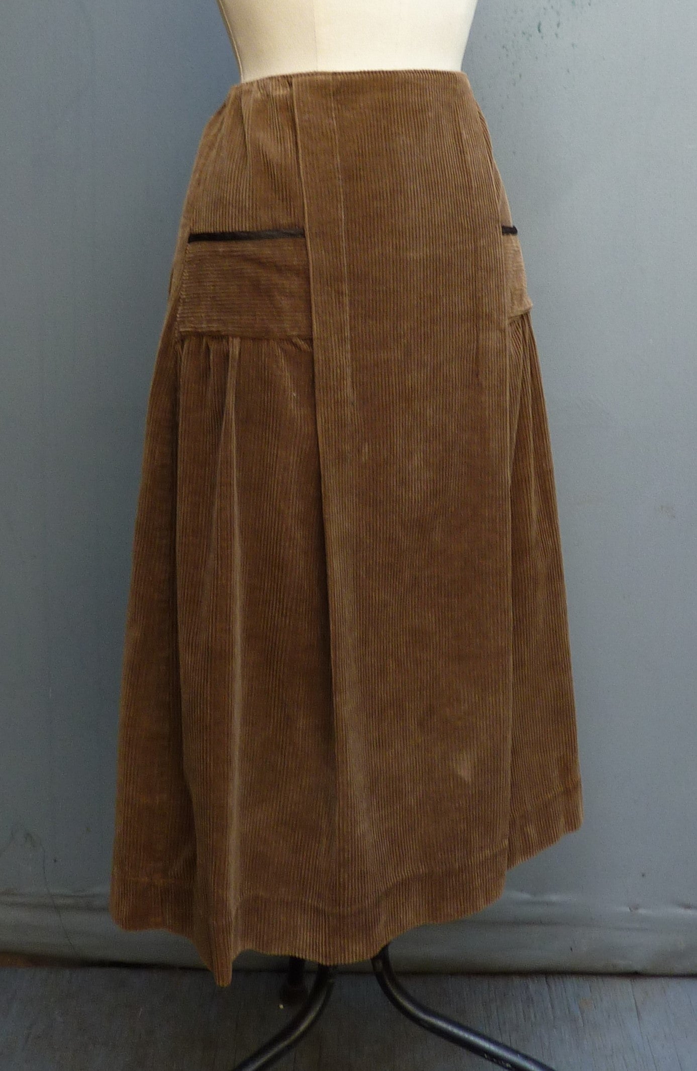 Original Vintage 1950s Skirt High Waist Brown Corduroy UK S
