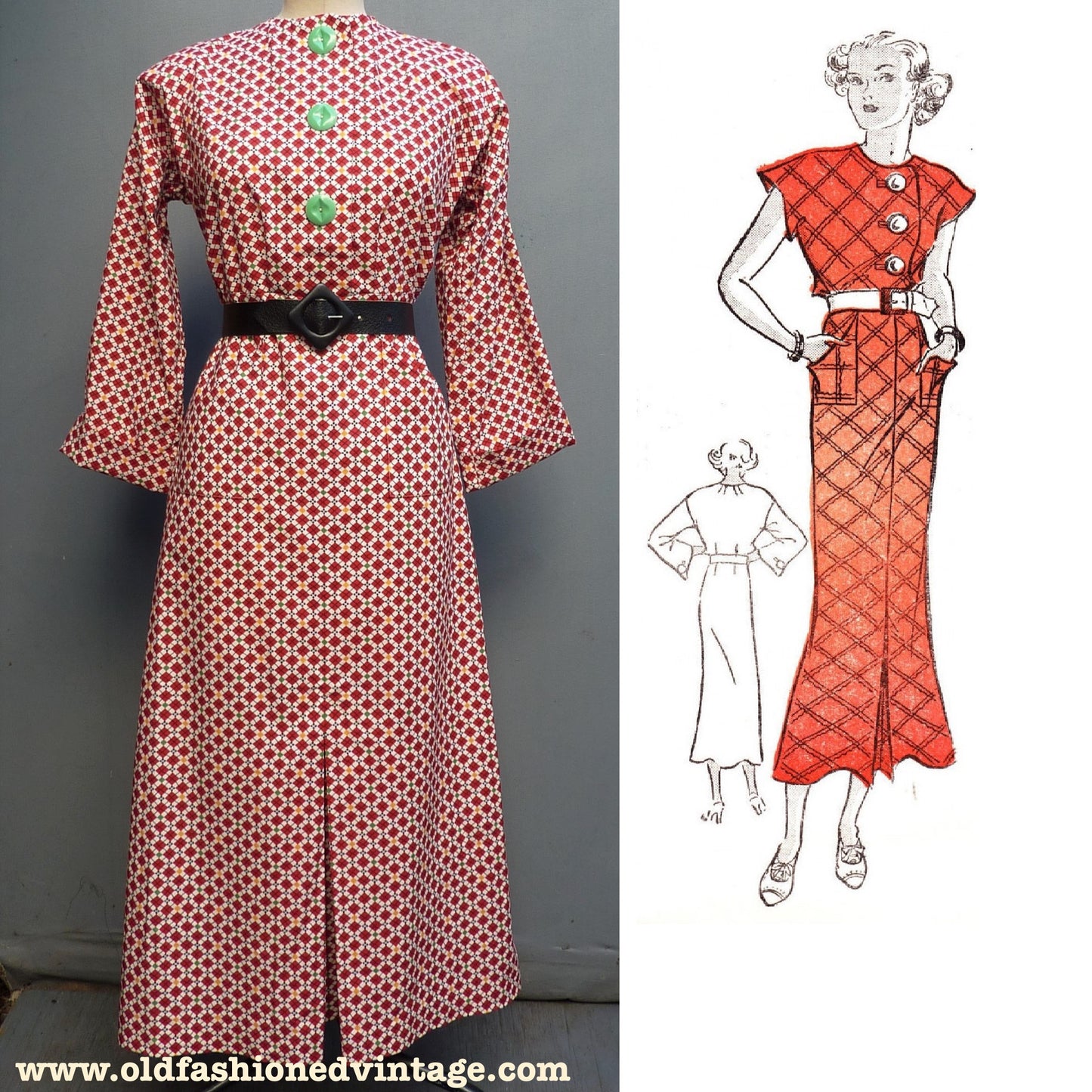 Vintage Reproduction 1930s Dress Printed Cotton Handmade From Original 30s Pattern UK XS