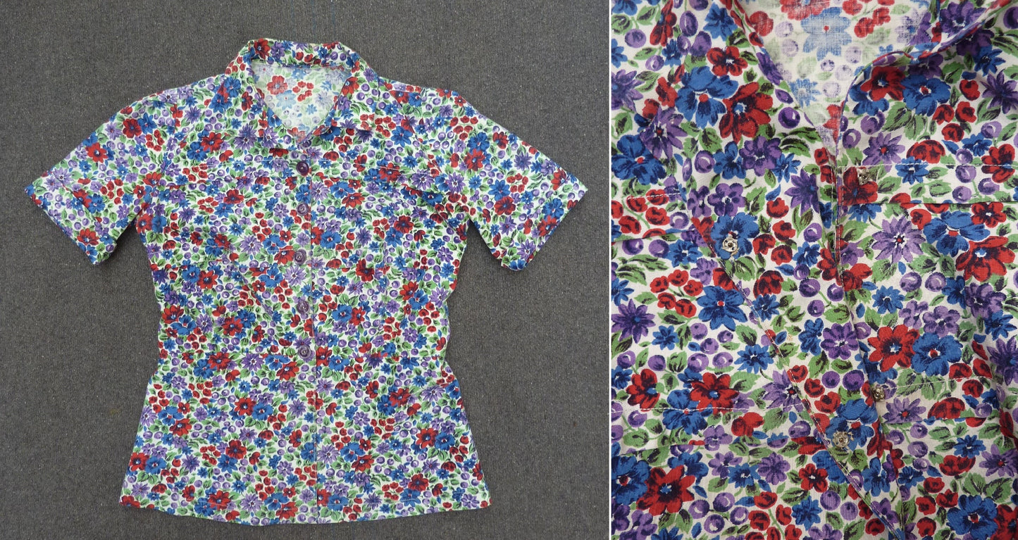 Vintage 1940s Handmade Blouse Floral Novelty Print Cotton Deco Buttons XS