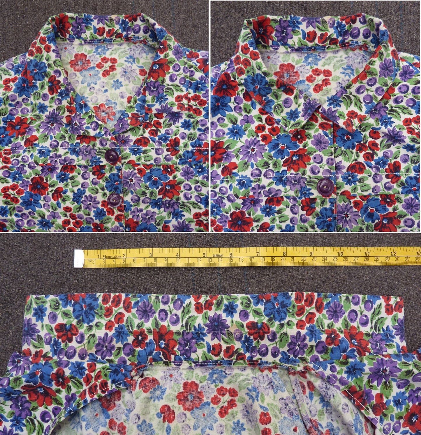 Vintage 1940s Handmade Blouse Floral Novelty Print Cotton Deco Buttons XS