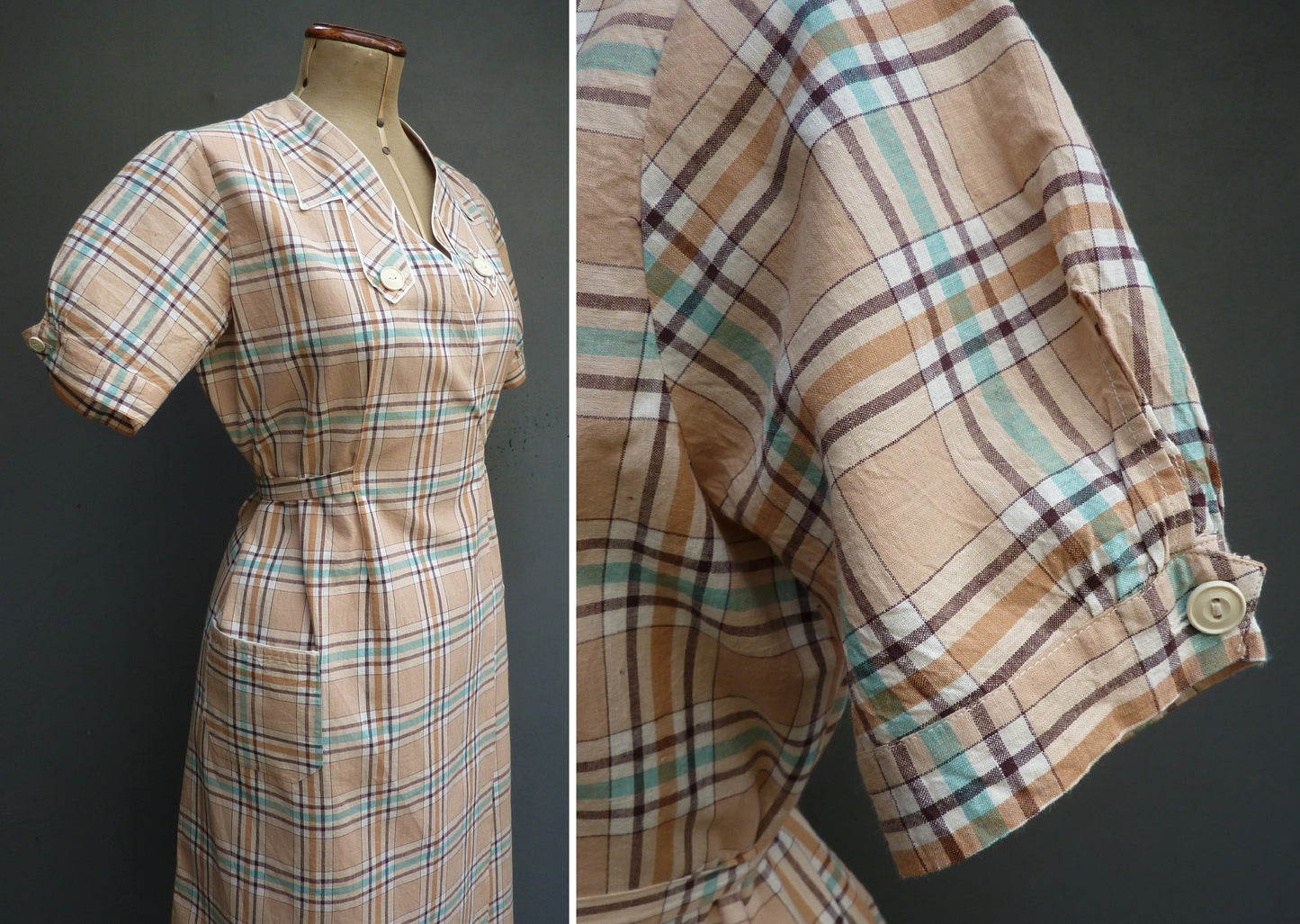 Vintage 1930s French Overall Dress Checked Cotton Chore Work Smock UK S/M