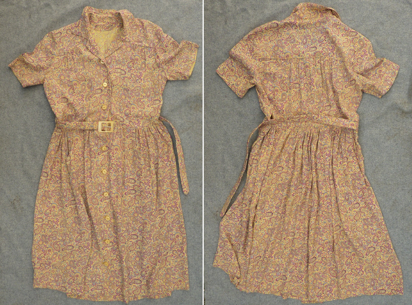 Vintage 1940s Dress Paisley Rayon Crepe Yellow Magenta Print UK M
