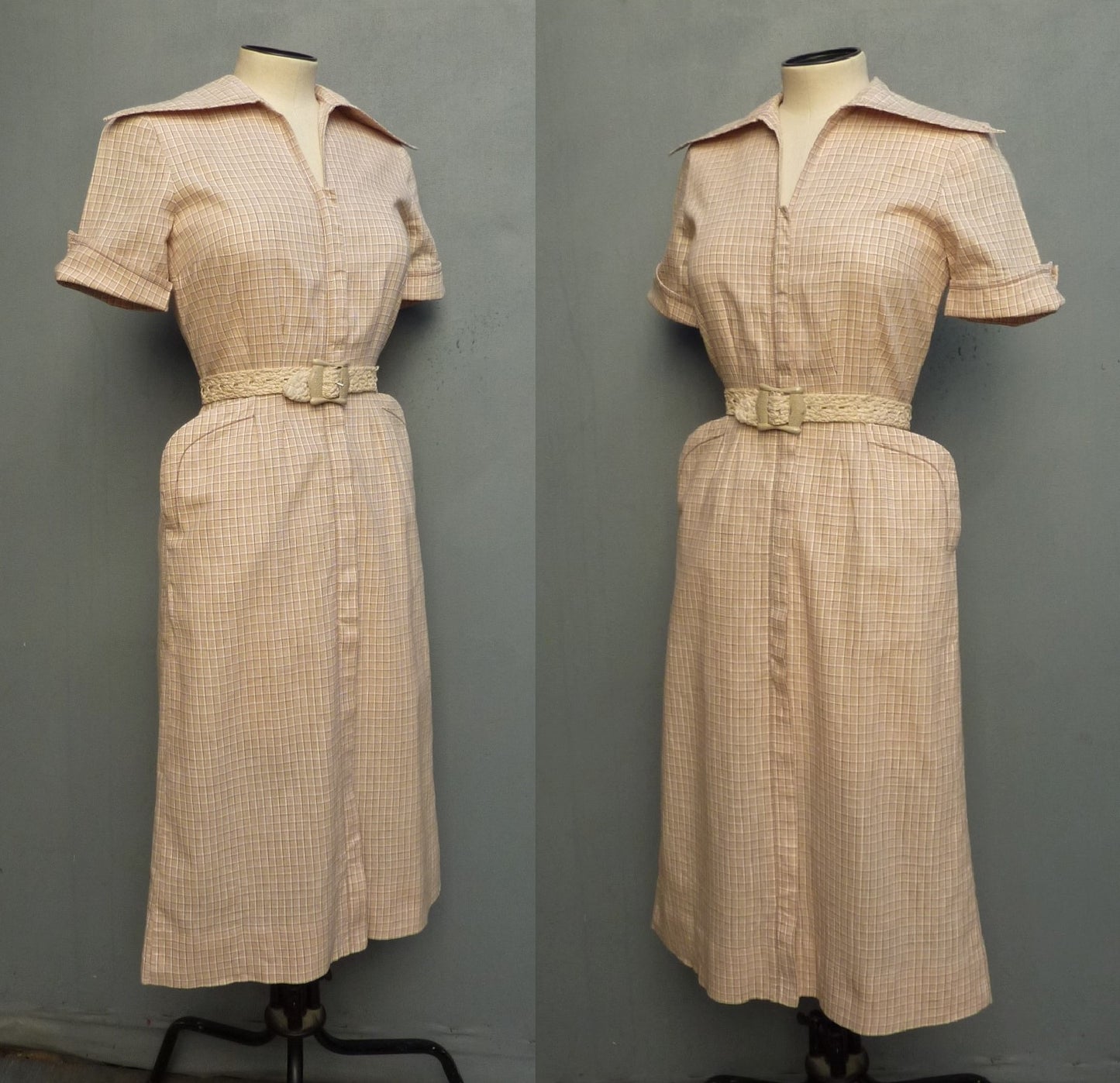 Vintage 1950s Dress Zip Front Checked Cotton Wiggle Skirt Pin Up UK XS