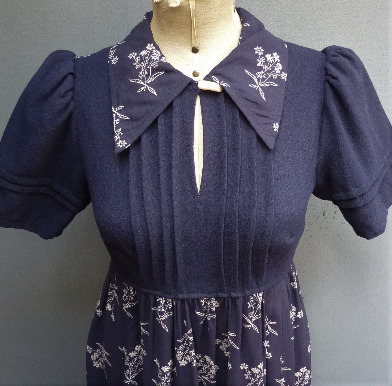 Vintage 1970s Dress Dark Blue & Floral Two Tone Handmade UK XS