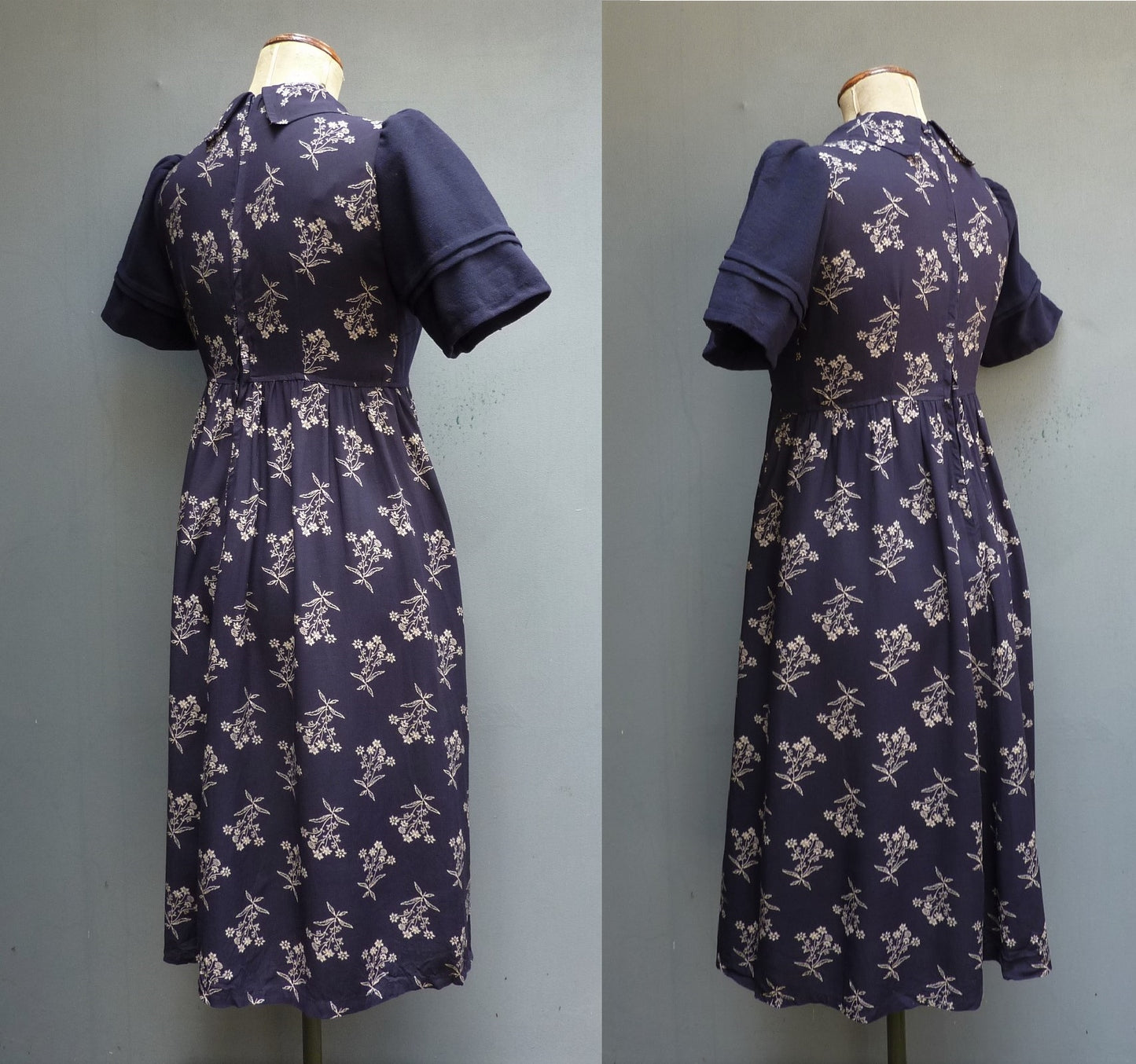Vintage 1970s Dress Dark Blue & Floral Two Tone Handmade UK XS