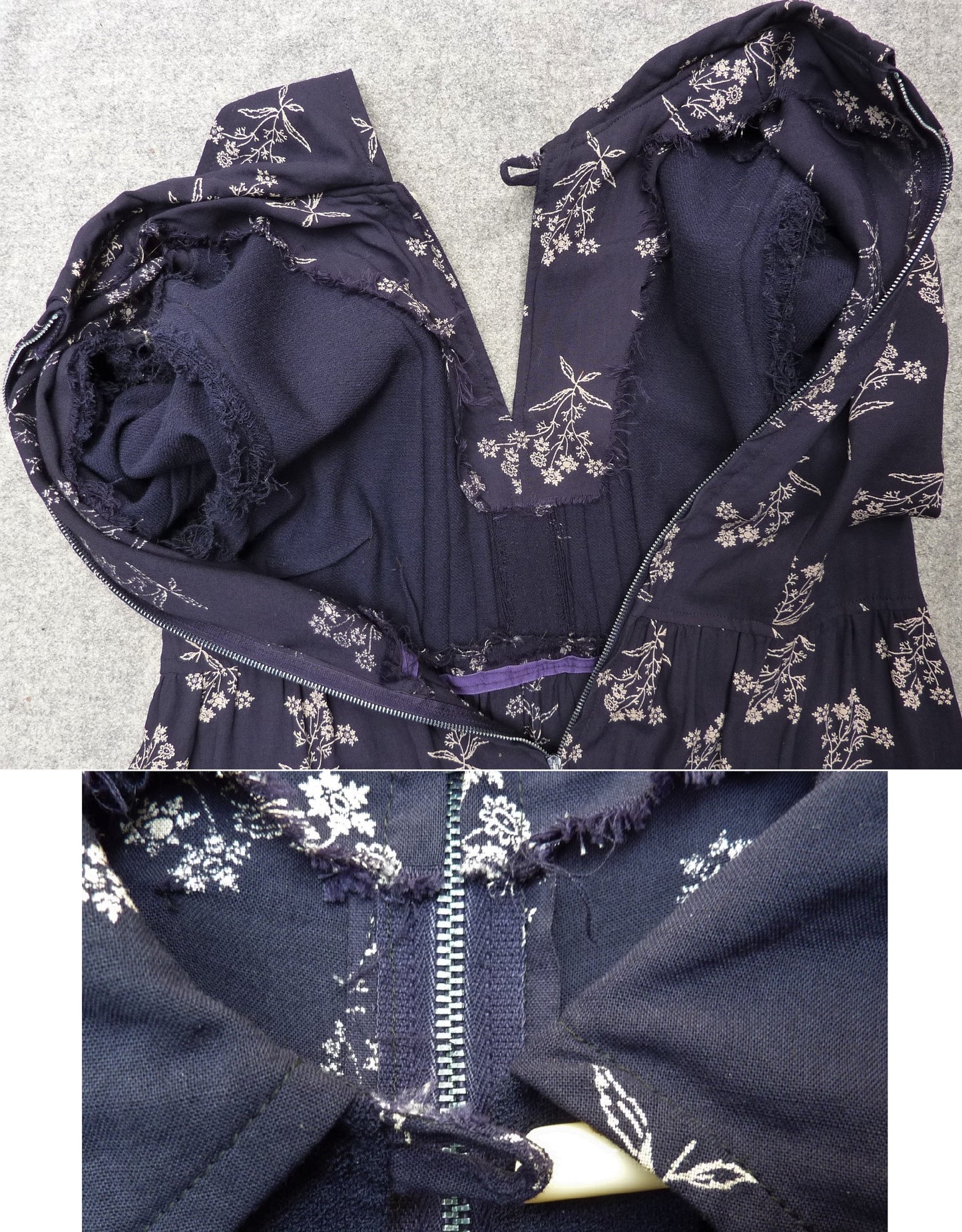 Vintage 1970s Dress Dark Blue & Floral Two Tone Handmade UK XS