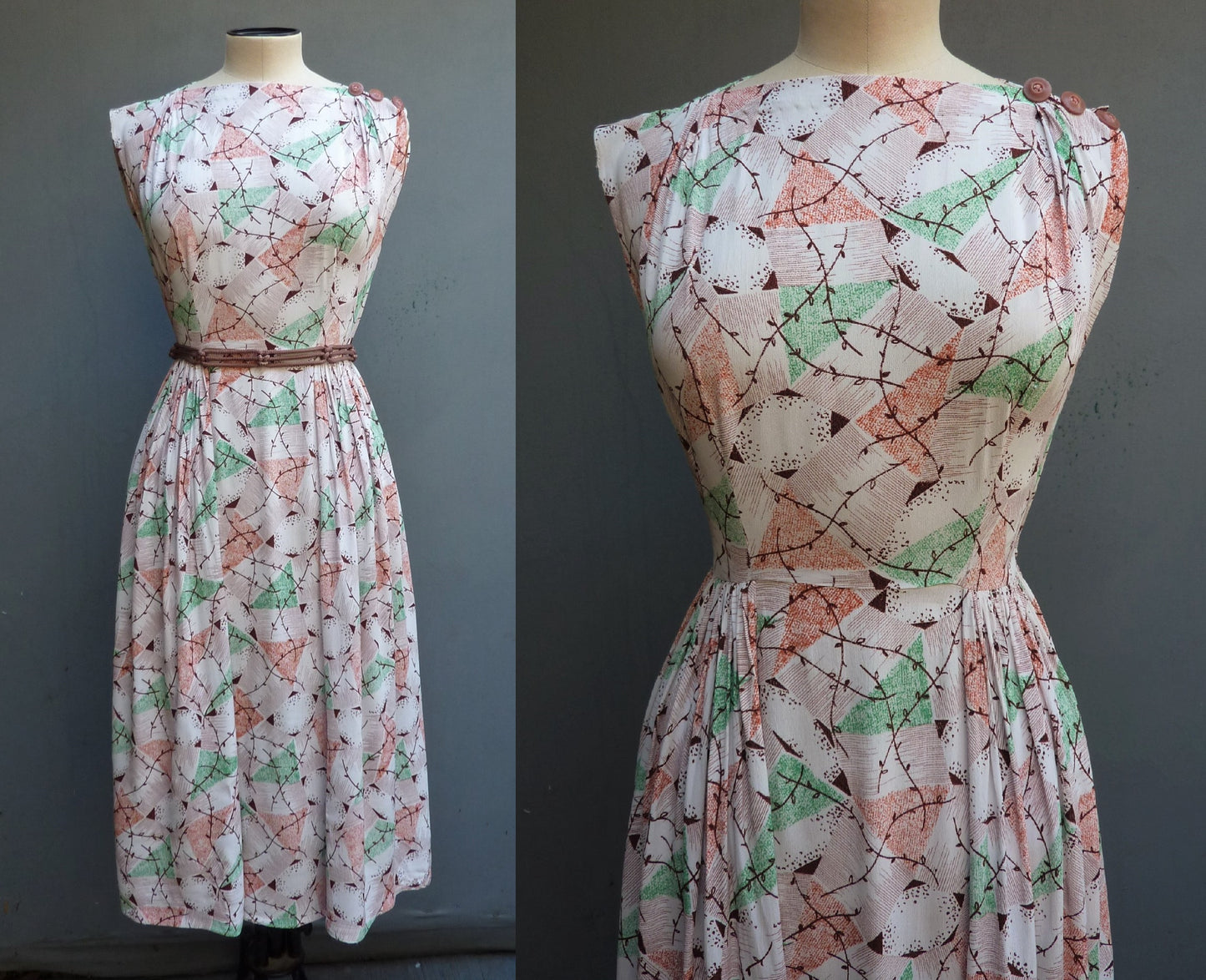 Vintage 1940s Dress Novelty Deco Geometric Print Rayon Crepe Sleeveless UK XS