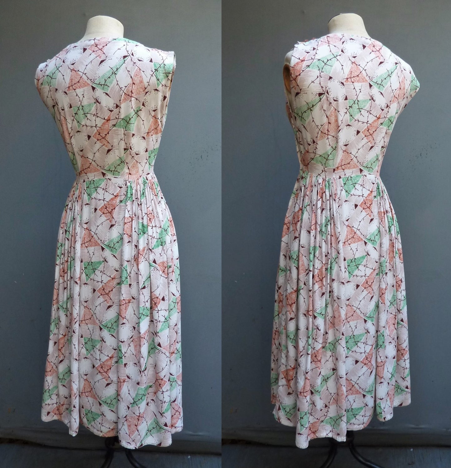 Vintage 1940s Dress Novelty Deco Geometric Print Rayon Crepe Sleeveless UK XS