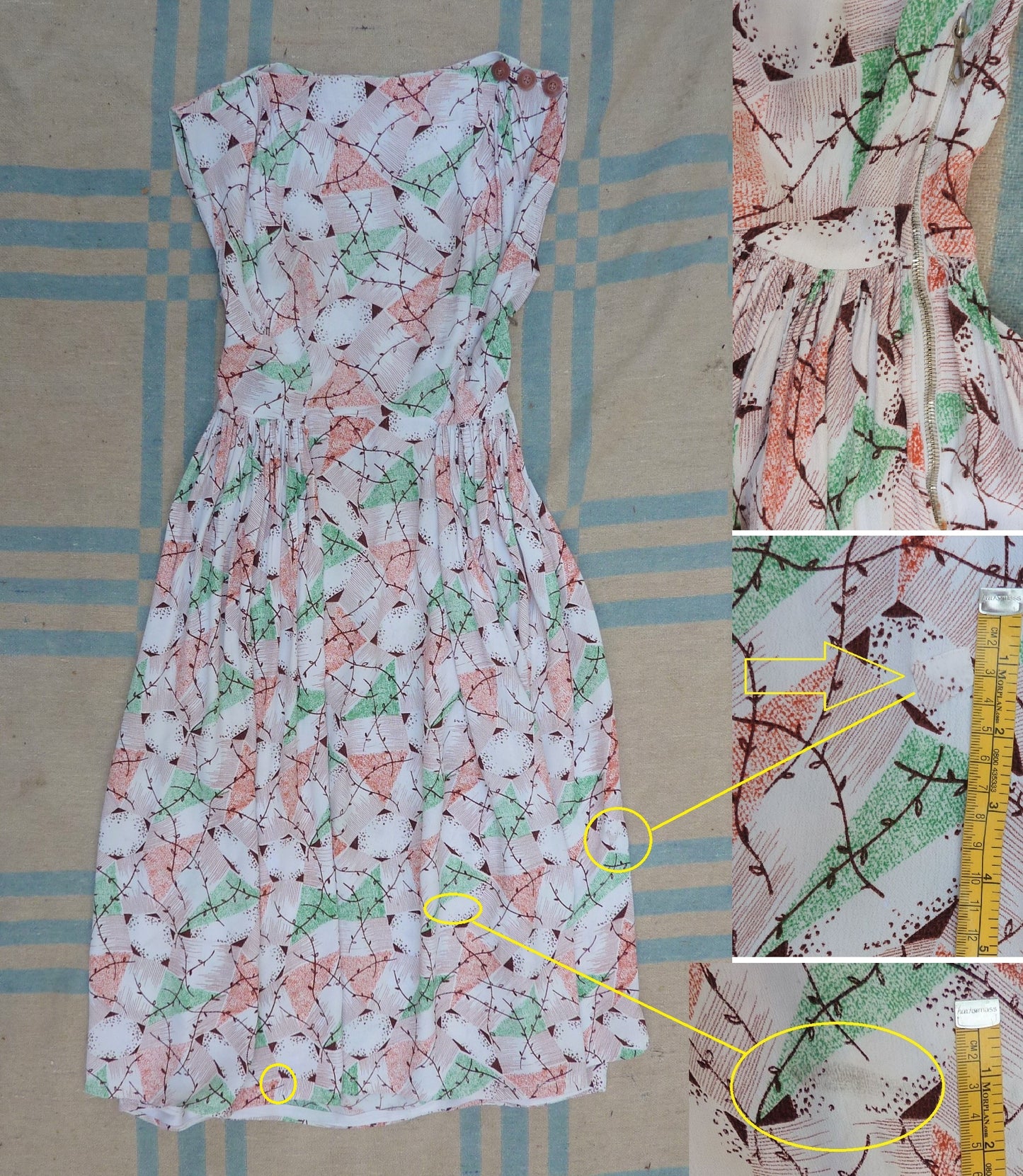 Vintage 1940s Dress Novelty Deco Geometric Print Rayon Crepe Sleeveless UK XS