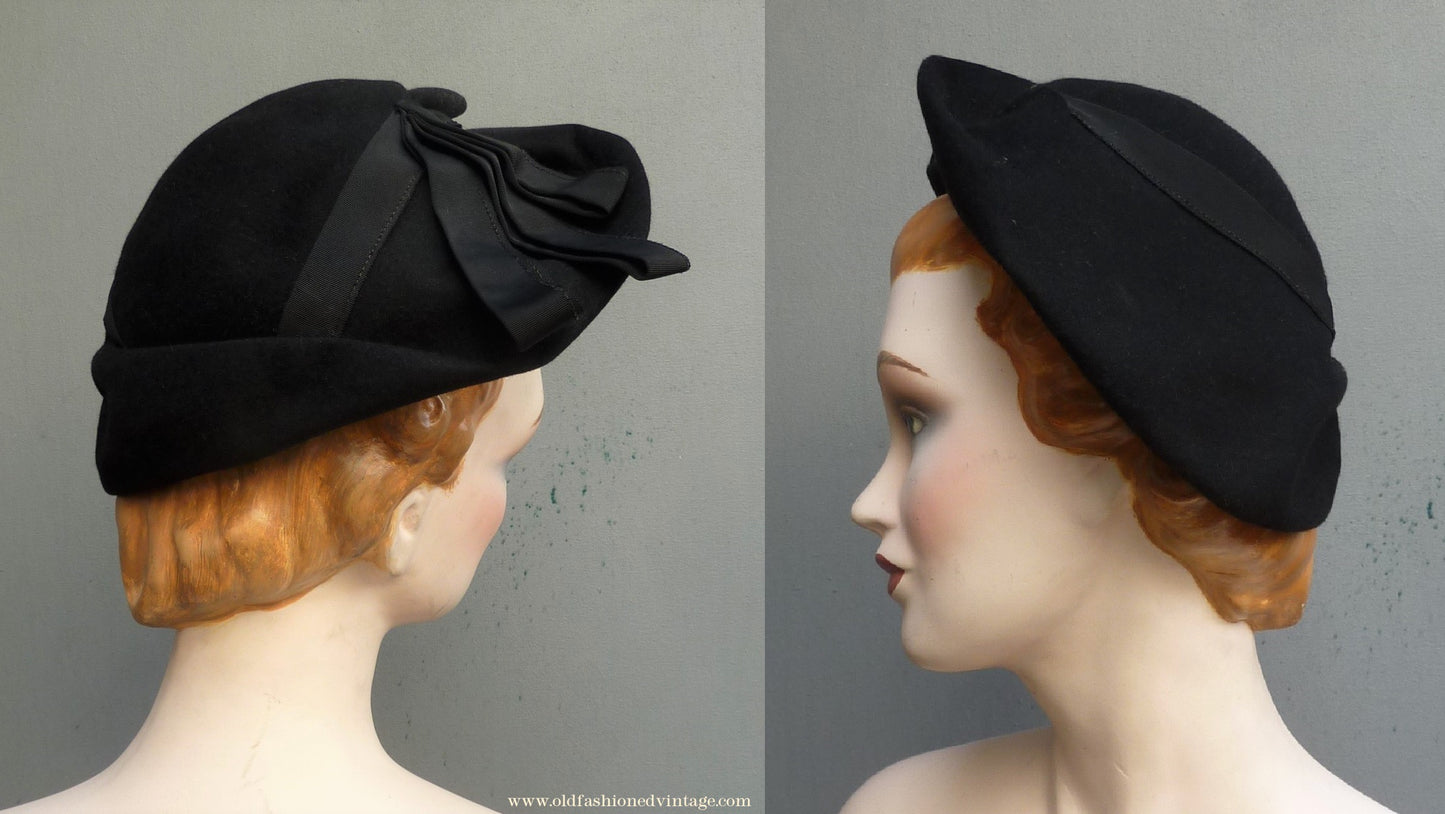Vintage 1940s Black Felt Hat Heart Shaped Broad Brim Halo Beret