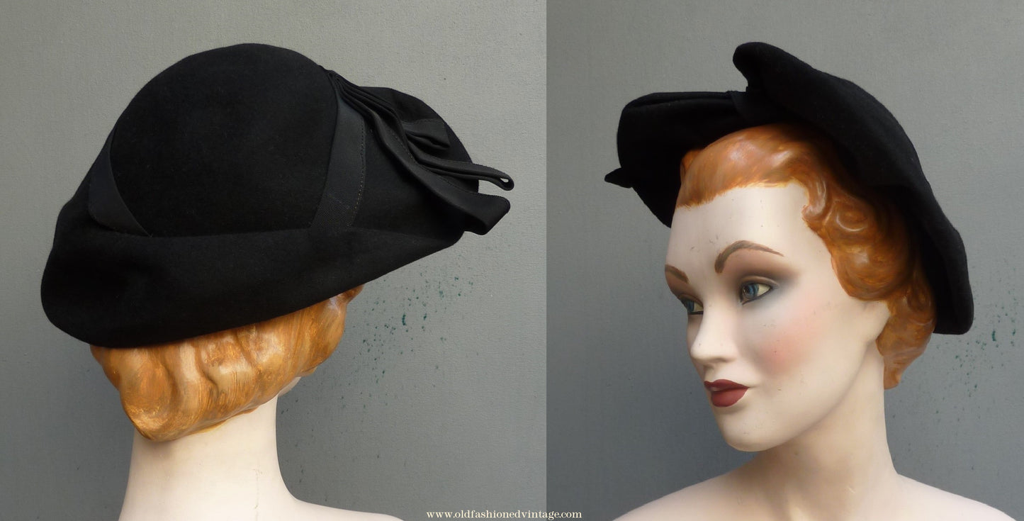 Vintage 1940s Black Felt Hat Heart Shaped Broad Brim Halo Beret