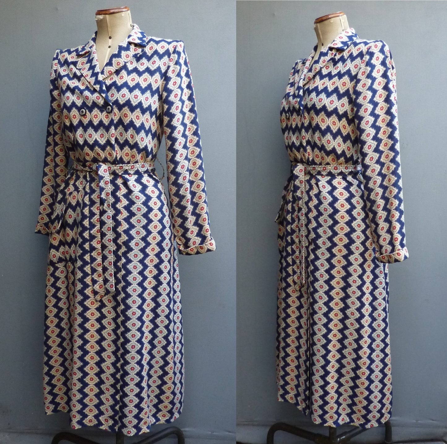 Vintage 1940s Housecoat Dressing Gown Robe Geometric Novelty Print UK S