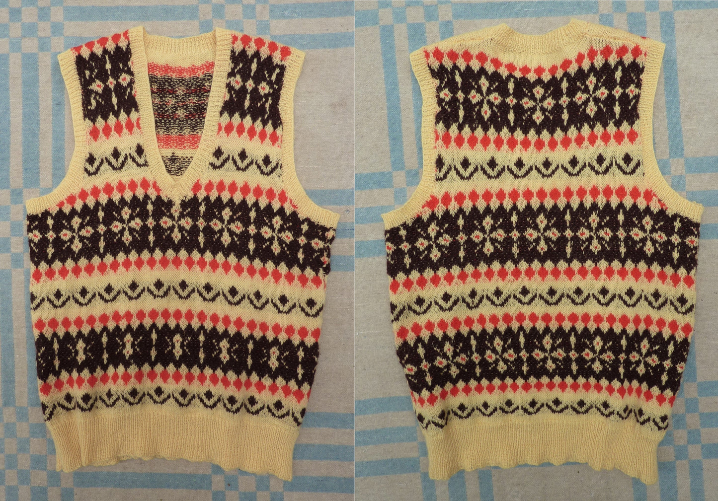Vintage Mens Hand Knitted Fair Isle Slipover Sweater Vest Yellow Brown Red 1940s WW2 1950s Fairisle Tank Top