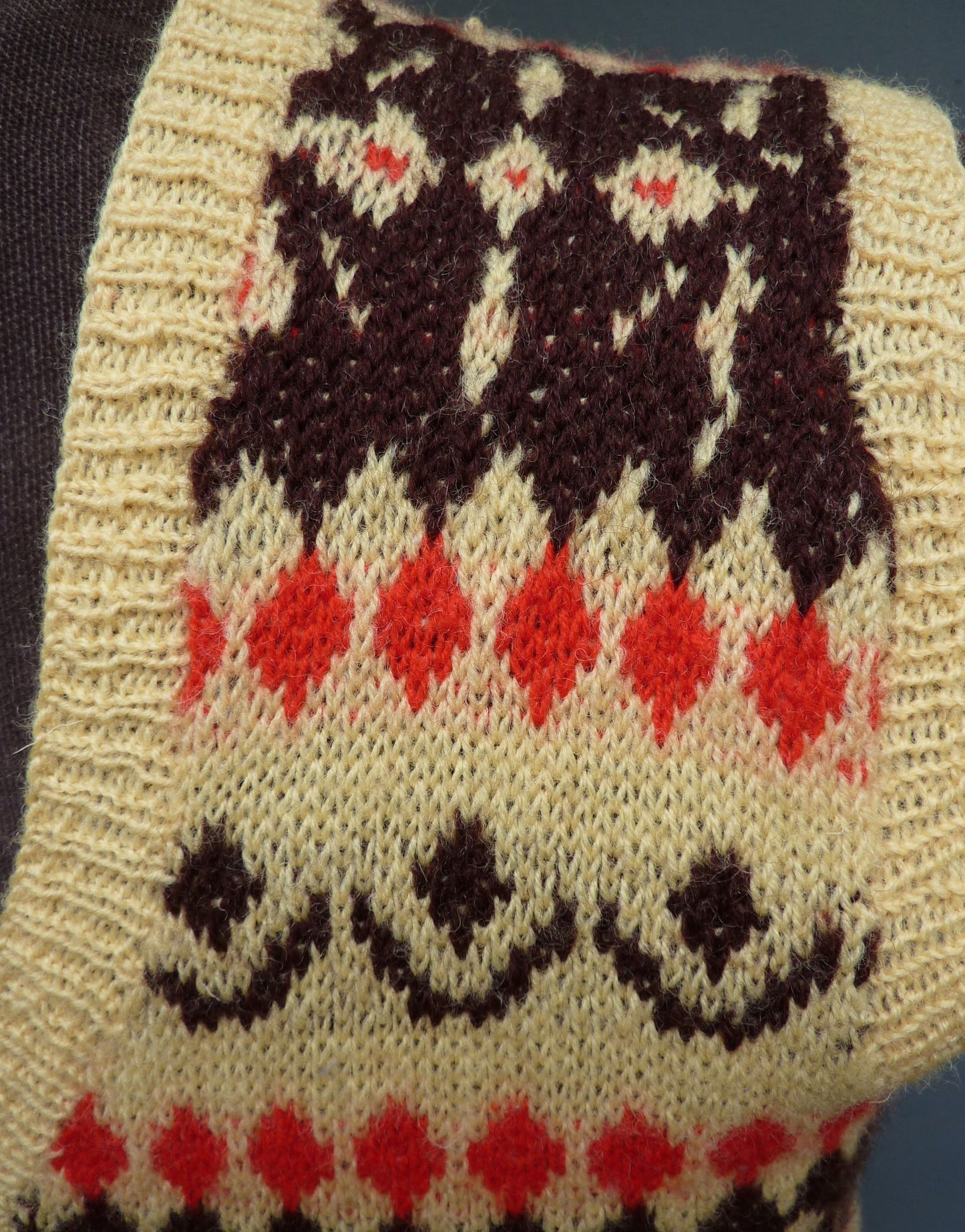 Vintage Mens Hand Knitted Fair Isle Slipover Sweater Vest Yellow Brown Red 1940s WW2 1950s Fairisle Tank Top