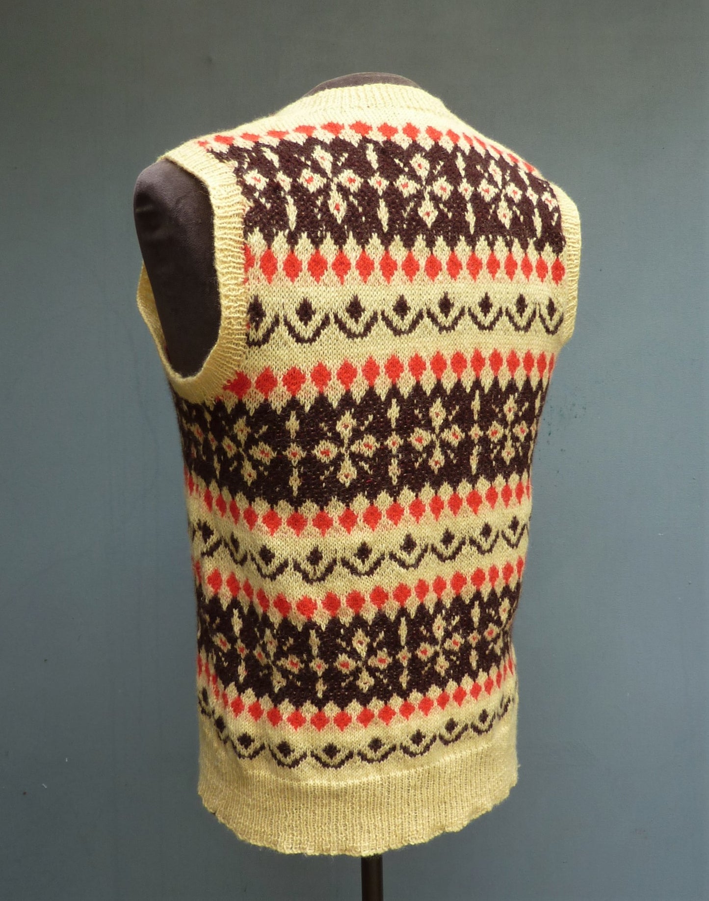 Vintage Mens Hand Knitted Fair Isle Slipover Sweater Vest Yellow Brown Red 1940s WW2 1950s Fairisle Tank Top