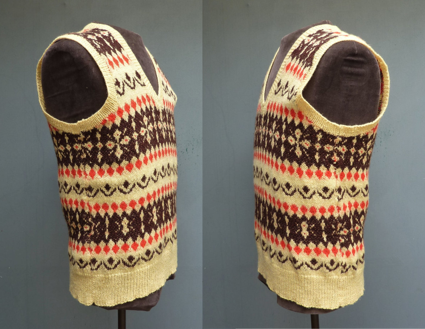 Vintage Mens Hand Knitted Fair Isle Slipover Sweater Vest Yellow Brown Red 1940s WW2 1950s Fairisle Tank Top