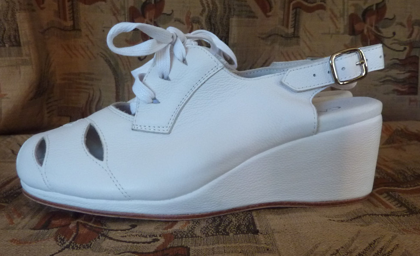 Vintage 1940s Style Wedge Shoes White Leather Sandals Canama 40s UK6