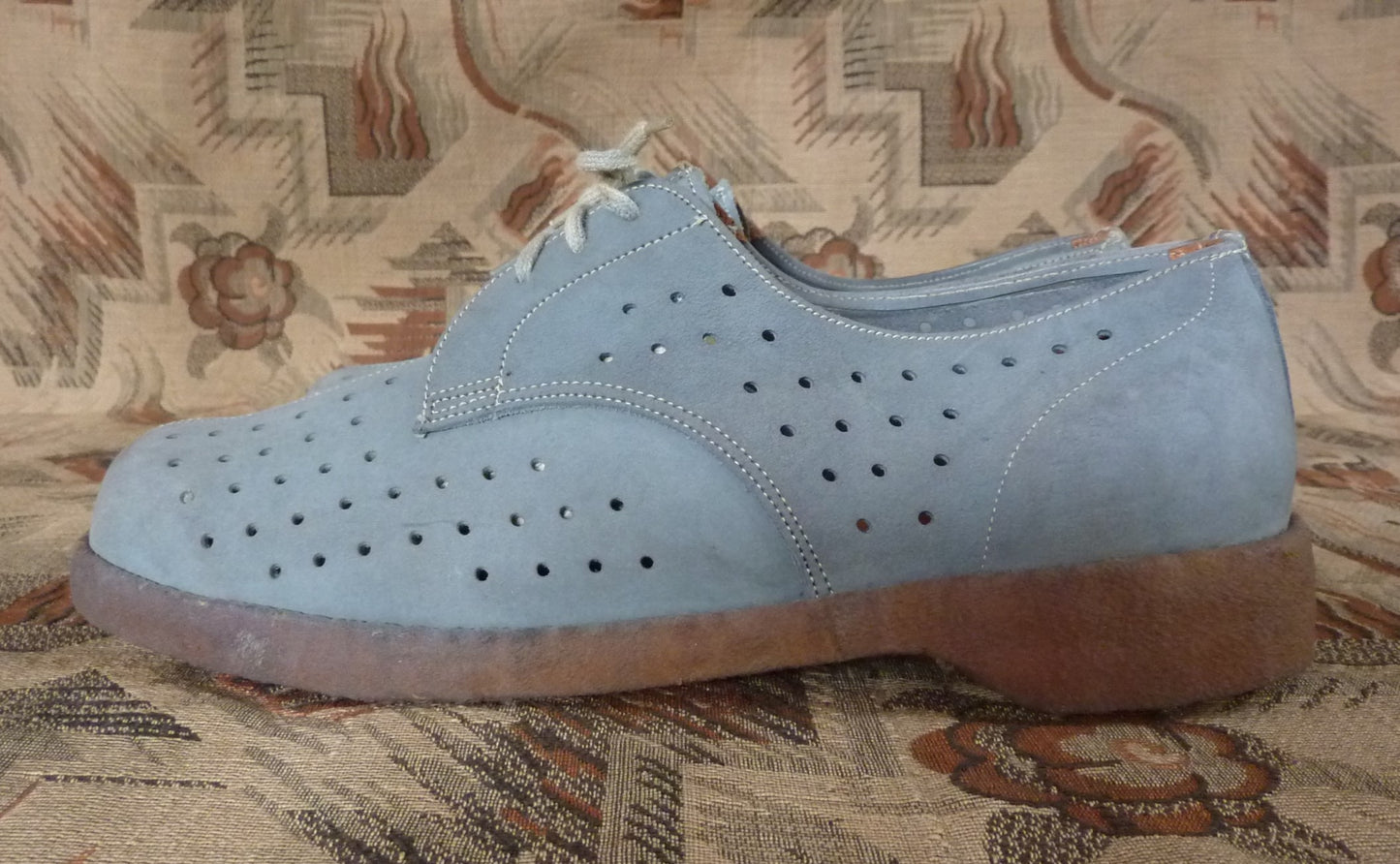 Rare French Vintage 1950s 40s Shoes Blue Grey Suede Lace Up Crepe UK 6