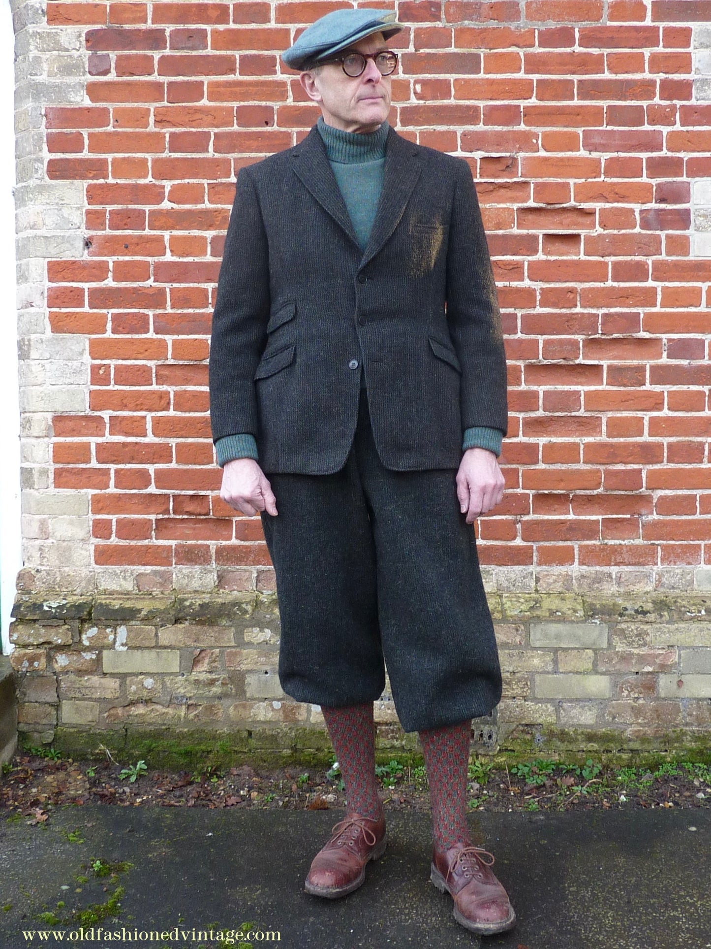 Old Fashioned Garments Vintage Reproduction 1930s 1940s Mens Roll Neck Jumper Myrtle Green Melange Polo Turtle Sweater M
