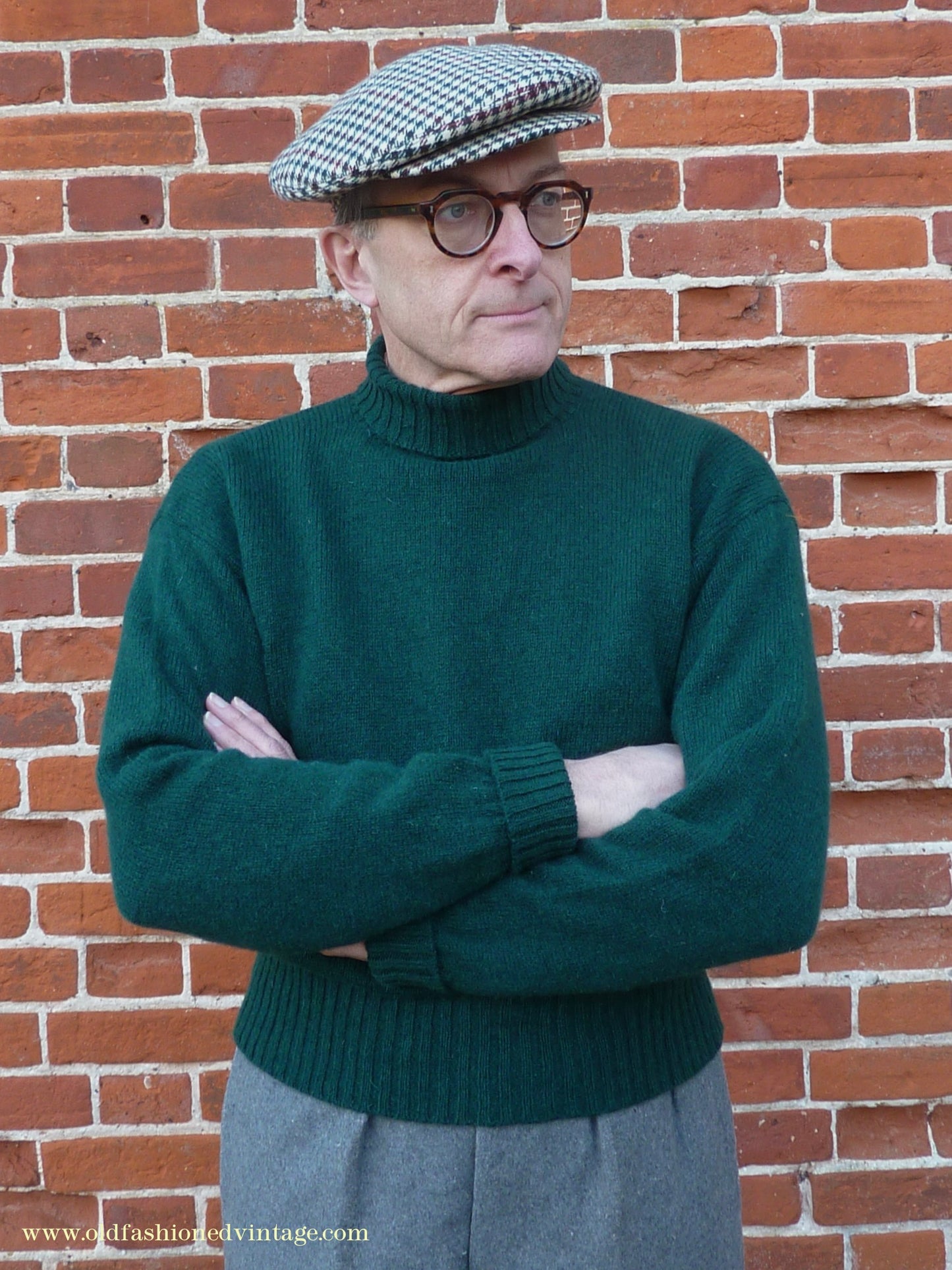 Old Fashioned Garments Vintage Reproduction 1940s Mens Roll Neck Jumper Forest Green Polo Turtle Sweater M/L