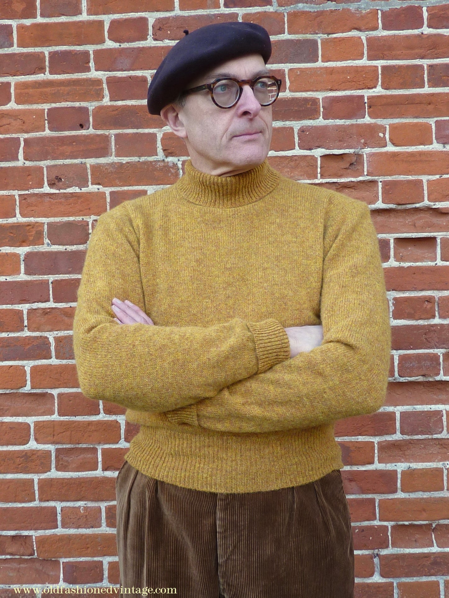 Old Fashioned Garments Vintage Reproduction 1940s Mens Polo Neck Jumper Mustard Brown Melange Roll Turtle Sweater M