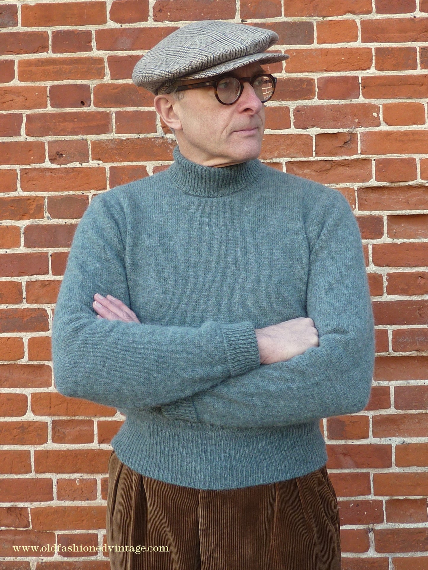 Old Fashioned Garments Vintage Reproduction 1940s Mens Polo Neck Jumper Grey Green Melange Roll Turtle Sweater S/M