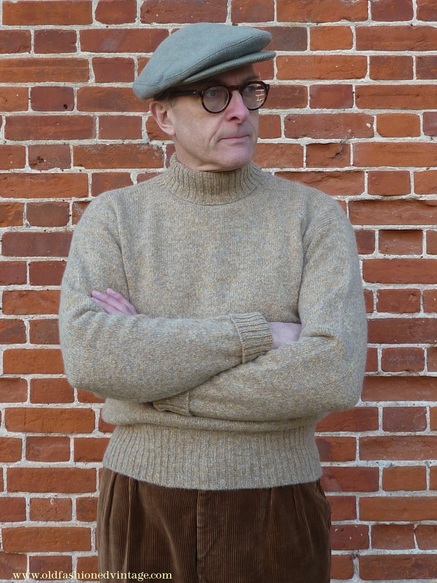 Old Fashioned Garments Vintage Reproduction 1940s Mens Roll Neck Jumper Natural Straw Beige Melange Polo Turtle Sweater M