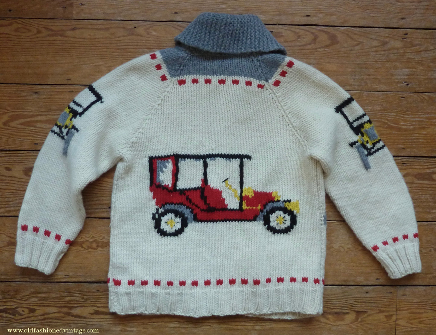 Vintage Mens 1960s Mary Maxim Antique Autos Classic Cars Zip Up Cardigan Sweater Shawl Collar Knit Knitted Wool Jacket Raglan L/XL