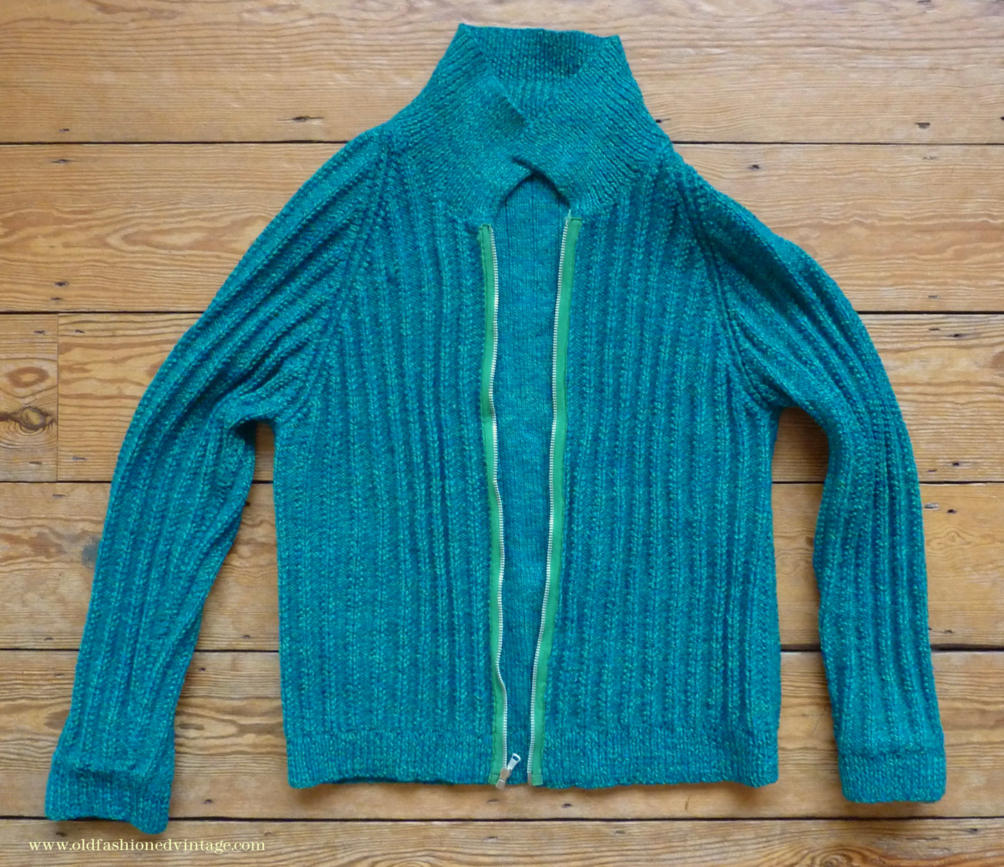 Vintage 1950s Mens Hand Knitted Zip Up Cardigan Lumberjacket Sweater Jade Green Blue Marl M