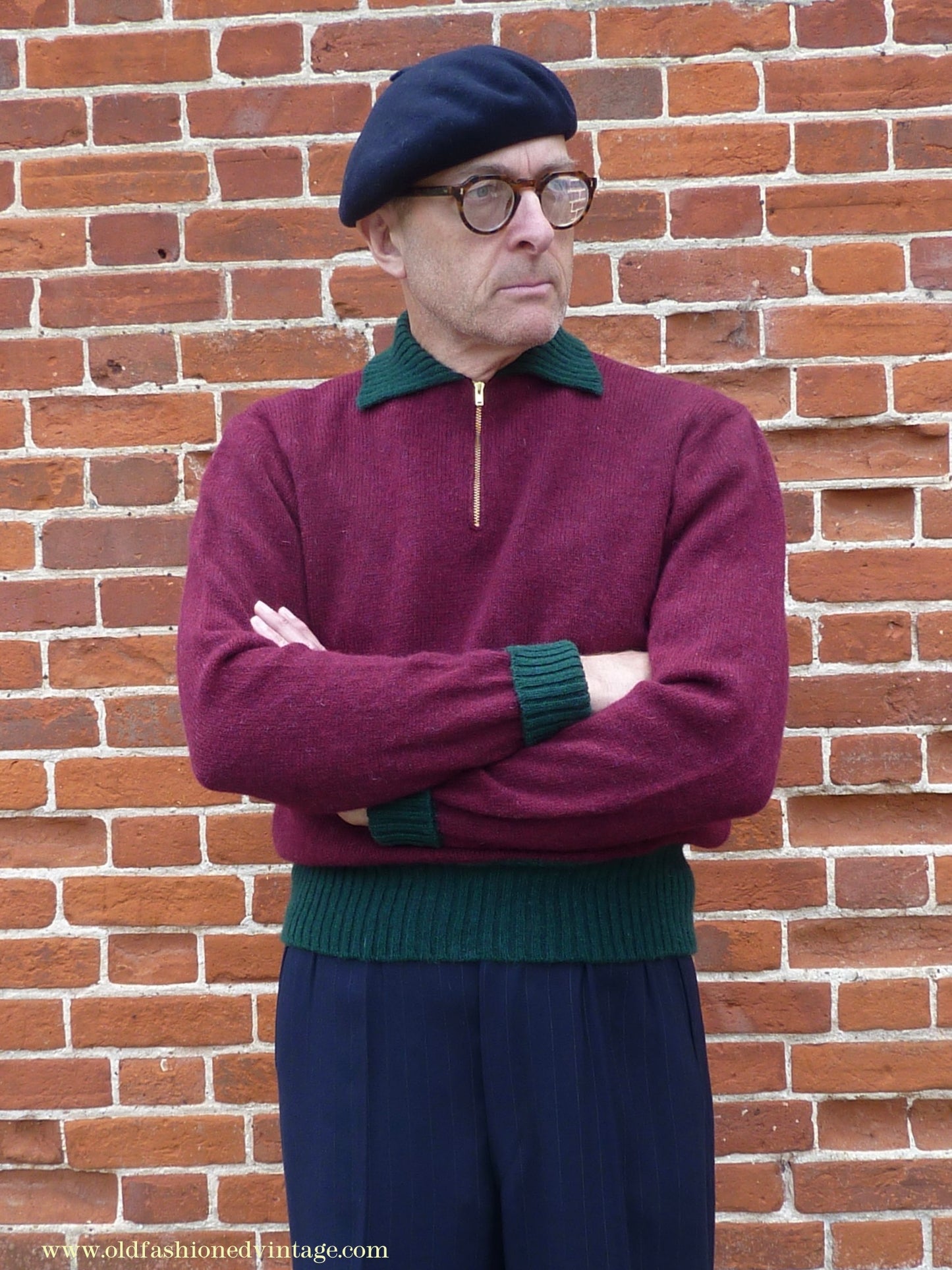 Old Fashioned Garments Vintage Reproduction 1940s Mens Zip Neck Jumper Two Tone Wine Red Green Polo Collar Sweater Lumberjacket L