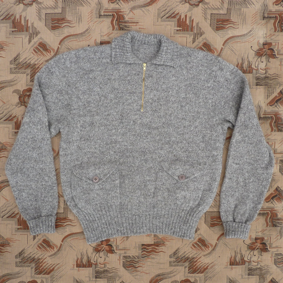 SPECIAL ORDER Old Fashioned Garments Vintage Reproduction 1930s Mens Wind-Breaker Grey Brown Marl Zip Neck Jumper Polo Collar Sweater M (Copy)