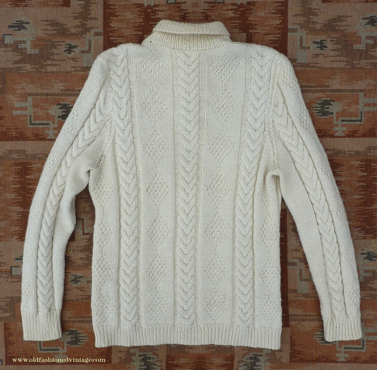 Vintage Mens 1960s Cream Hand Knitted Roll Neck Sweater Cable Knit Jumper Pullover L