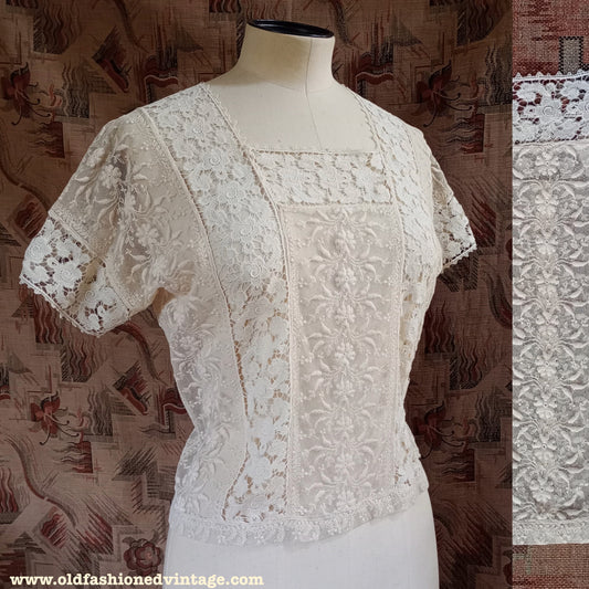 Vintage Edwardian Cream Blouse 1920s Short Sleeved Crochet Lace Top UK S