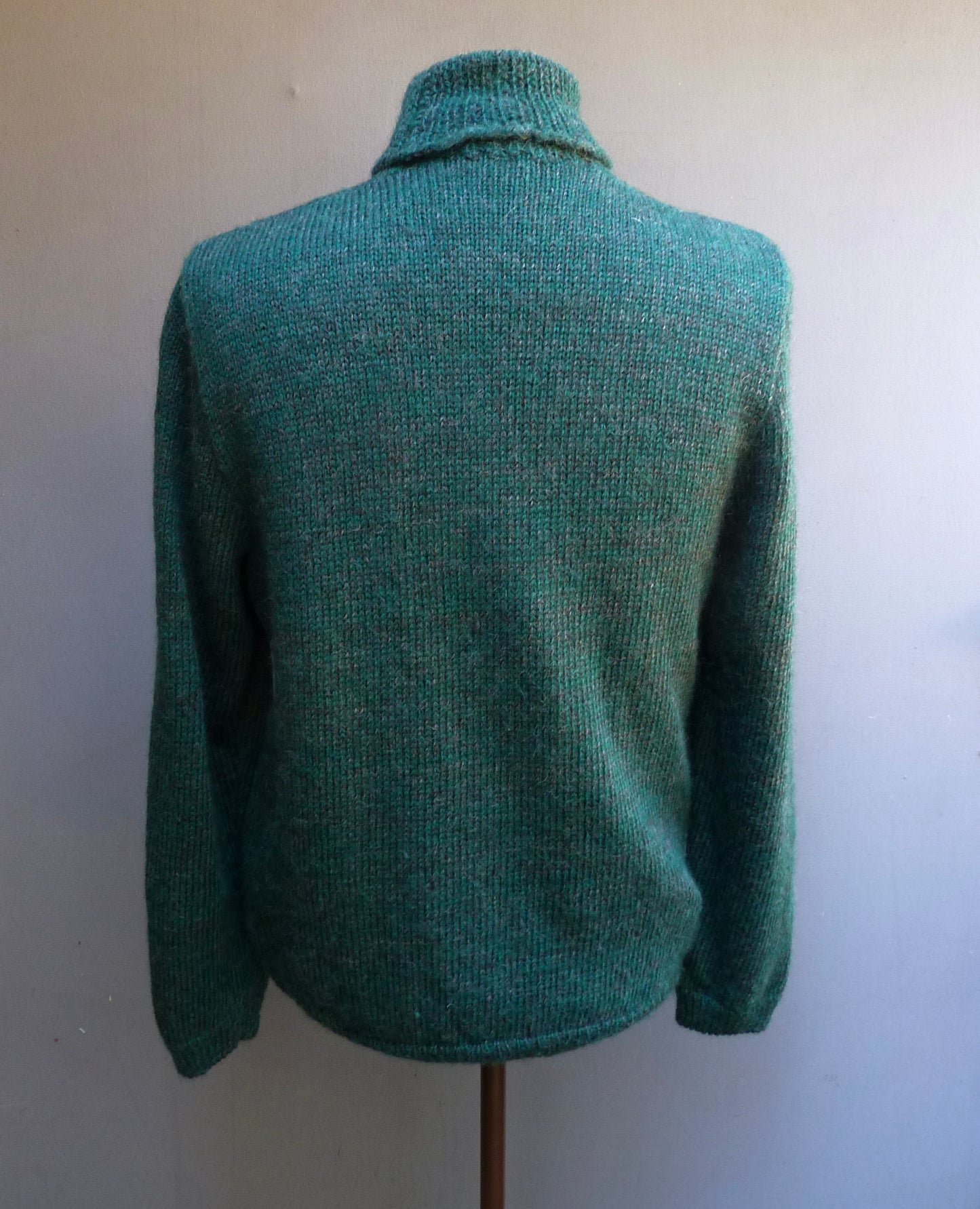 Vintage Mens Hand Knitted Roll Neck Sweater Cable Knit Jumper 1940s WW2 50s Style 1970s 80s Pine Green Marl Pullover