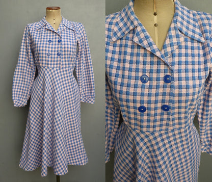 Original 1940s Cotton Dress Blue Pink Checked Gingham Shirt Waister UK S/M