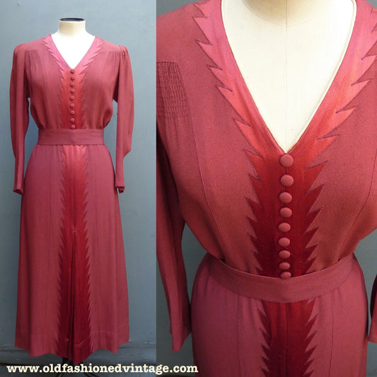 Original Vintage 1930s Handmade Dress Saw Tooth Flame Raspberry Red UK S/M