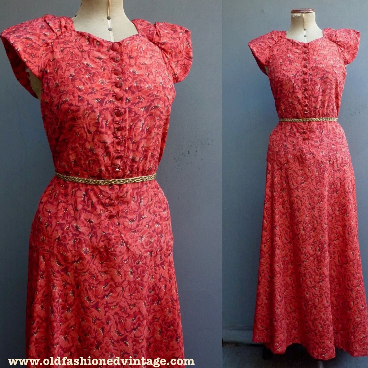 Wonderful Original Vintage 1930s Dress Flame Red Gold Silk Poppy Evening Gown UK S