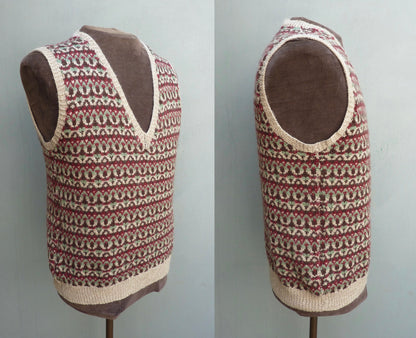 Vintage Mens Hand Knitted Fair Isle Slipover Sweater Vest Green Brown Burgundy 1970s 1980s  Fairisle Tank Top