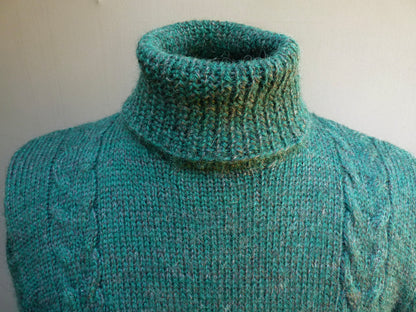 Vintage Mens Hand Knitted Roll Neck Sweater Cable Knit Jumper 1940s WW2 50s Style 1970s 80s Pine Green Marl Pullover